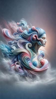 The primary subject of the image is a woman with long, flowing hair. She is depicted in a colorful and artistic manner, with her hair flowing in a whirlwind of colors. The setting is a cloudy sky, which adds to the overall atmosphere of the image. The visual style is a combination of digital art and illustration, creating a unique and captivating portrait of the woman. The colors and mood of the image are vibrant and lively, with the woman's hair being the main
